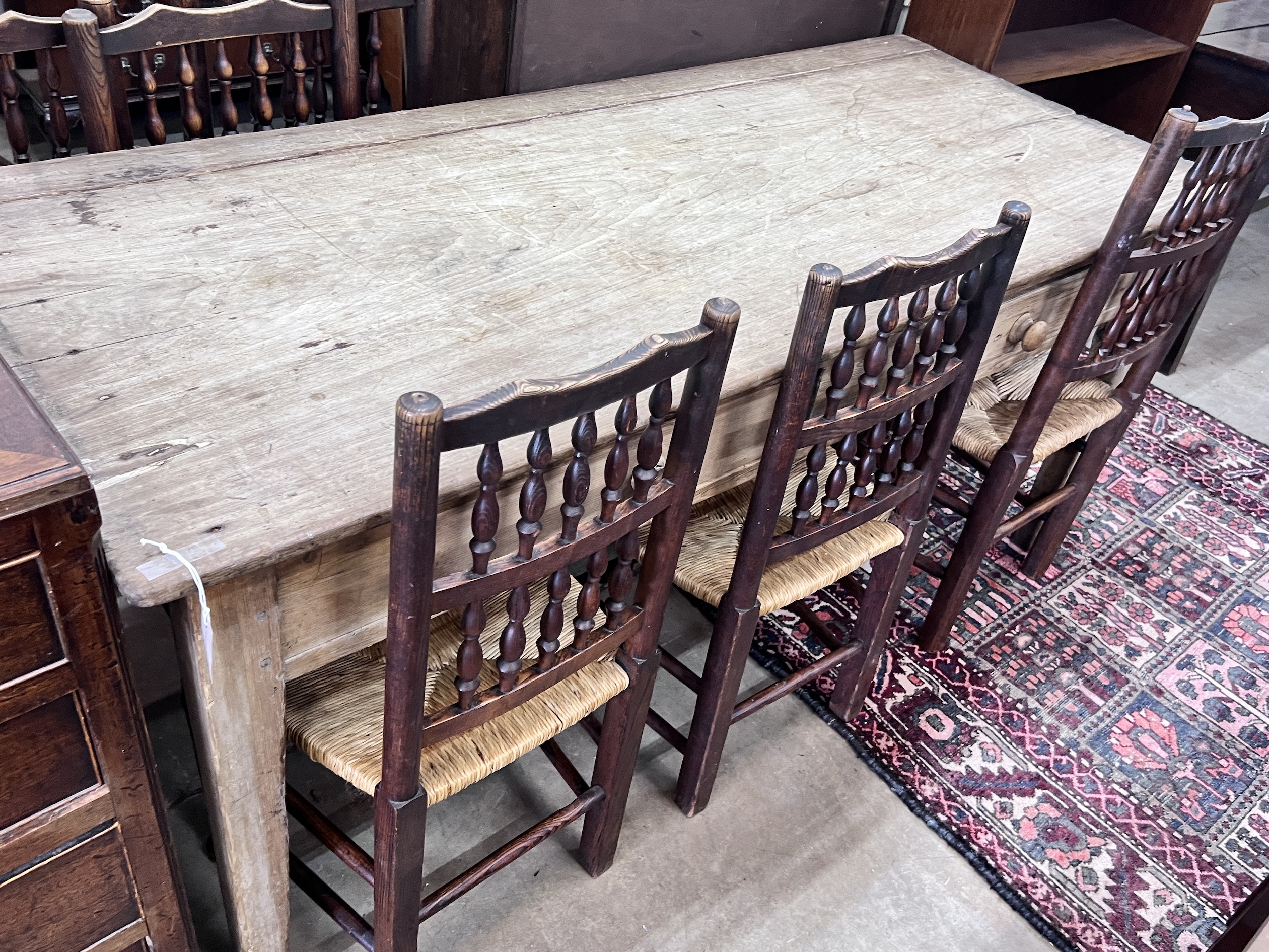 A 19th century rectangular two drawer pine kitchen serving table, length 178cm, depth 77cm, height 79cm